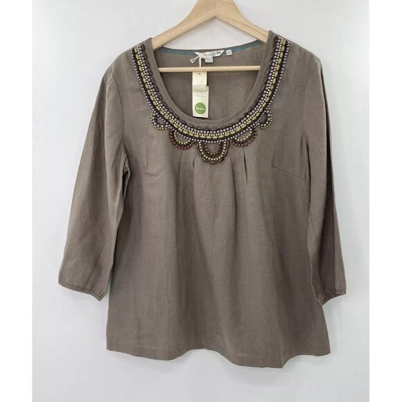 NWT Boden Taupe 100% Linen Shirt Beaded Neckline 3/4 Sleeve US Size 10 Boho - Picture 1 of 12